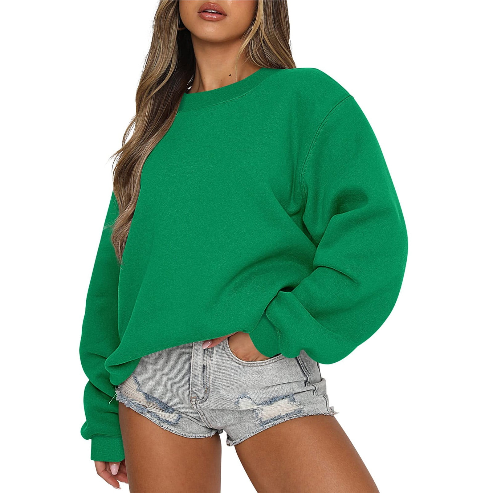 EHTMSAK Beige Crewneck Sweatshirt Women Aesthetic Hoodie Solid Color Cute Pullover Sweaters for Women Crew Neck Sweater for Women Summer Clothes Women for Teen Girl Green S Walmart
