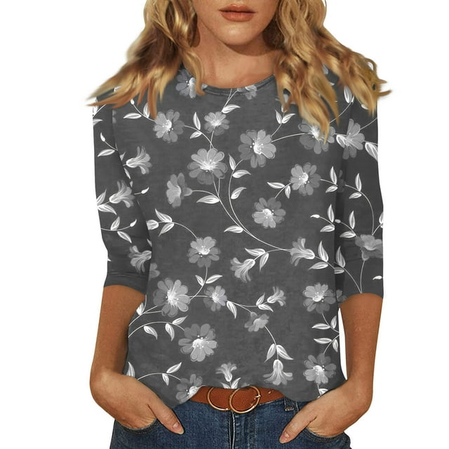 EHTMSAK Boho Shirts for Women 3/4 Sleeves Sunflower Printed Solid Color Elbow Length Crew Neck Shirts Casual Loose Fit Tee Tops Fashion 2024 Trendy Plus Size Blouses Black 3XL Dark Gray S