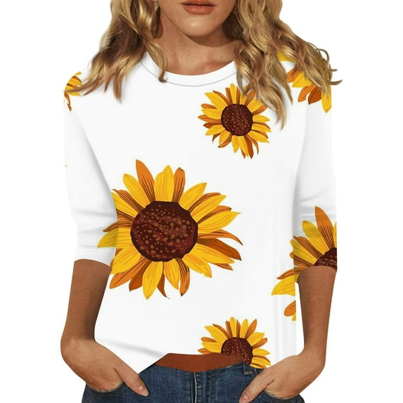 EHTMSAK Boho Shirts for Women 3/4 Sleeves Sunflower Printed Solid Color Elbow Length Crew Neck Shirts Casual Loose Fit Tee Tops Fashion 2024 Trendy Plus Size Blouses Black 3XL White 3XL