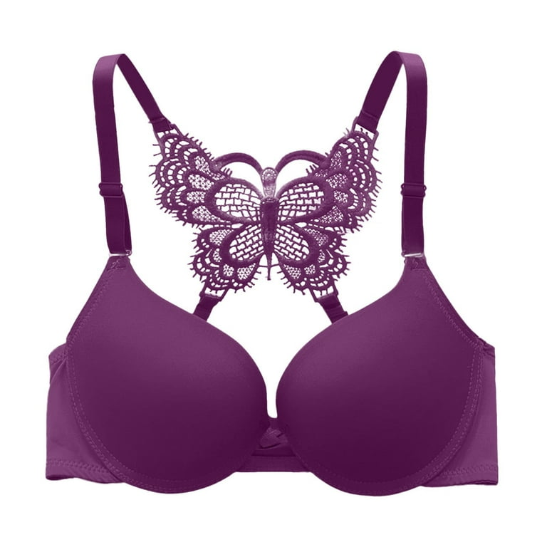 EHTMSAK Butterfly Wireless Bra for Women Comfort Seamless Lace Bra Purple  34 