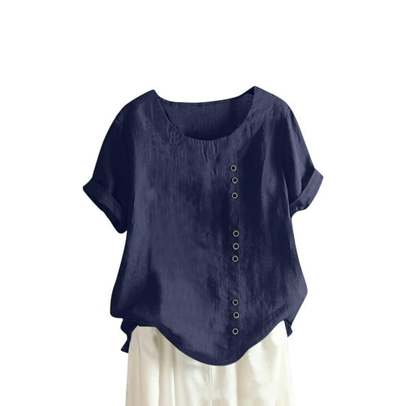 EHTMSAK Button Down Blouses for Ladies Women's Workout Tshirts Summer Short Sleeve Polyester Tops Round Neck Womens Tops Cute Cotton Linen Dress Blouses Plus Navy 2X