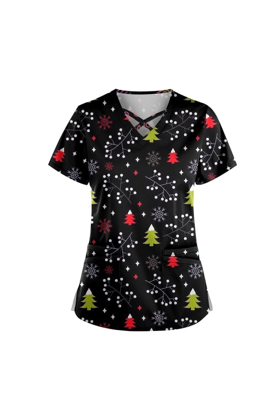 Christmas Scrubs for Women with Pockets Merry Christmas Tree Snowflake V Neck Shirts Short Sleeve Snowflake Lightweight Scrub Tops Medical Nursing Uniform Scrubs Vermilion 4XL