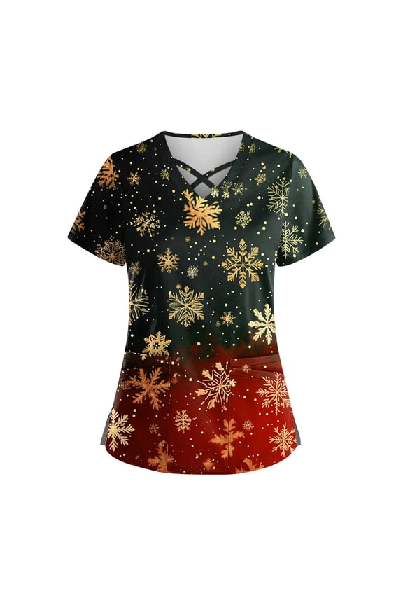 Christmas Womens Scrub with Pockets Snowflake Graphic V Neck Scrub Tops Short Sleeve Snowman Jogger Shirts Workwear Petite Scrubs Army Green M