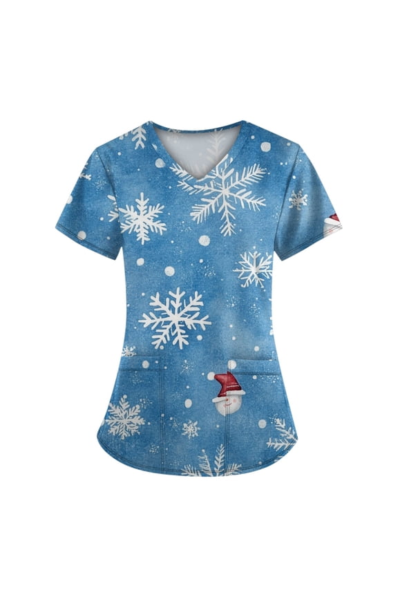Christmas Womens Scrub Short Sleeve Snowflake Graphic with Pockets Shirts V Neck Snowman Nursing Uniform Scrubs Lightweight Medical Scrub Tops Light Blue 4XL