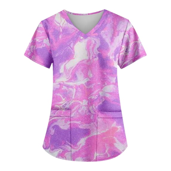 EHTMSAK Clearance Women Scrubs Tops with Pocket Floral Short Sleeve Nurse Uniform V Neck Tunic Pockets T Shirt Blouse Purple 4X
