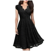 EHTMSAK Cocktail Dresses for Women Evening Party Dress Plus Size Midi Formal Dresses for Women V Neck Short Sleeve Pencil Dresses Wedding Guest Lace Bodycon Dress Business Casual Work Dress Black L