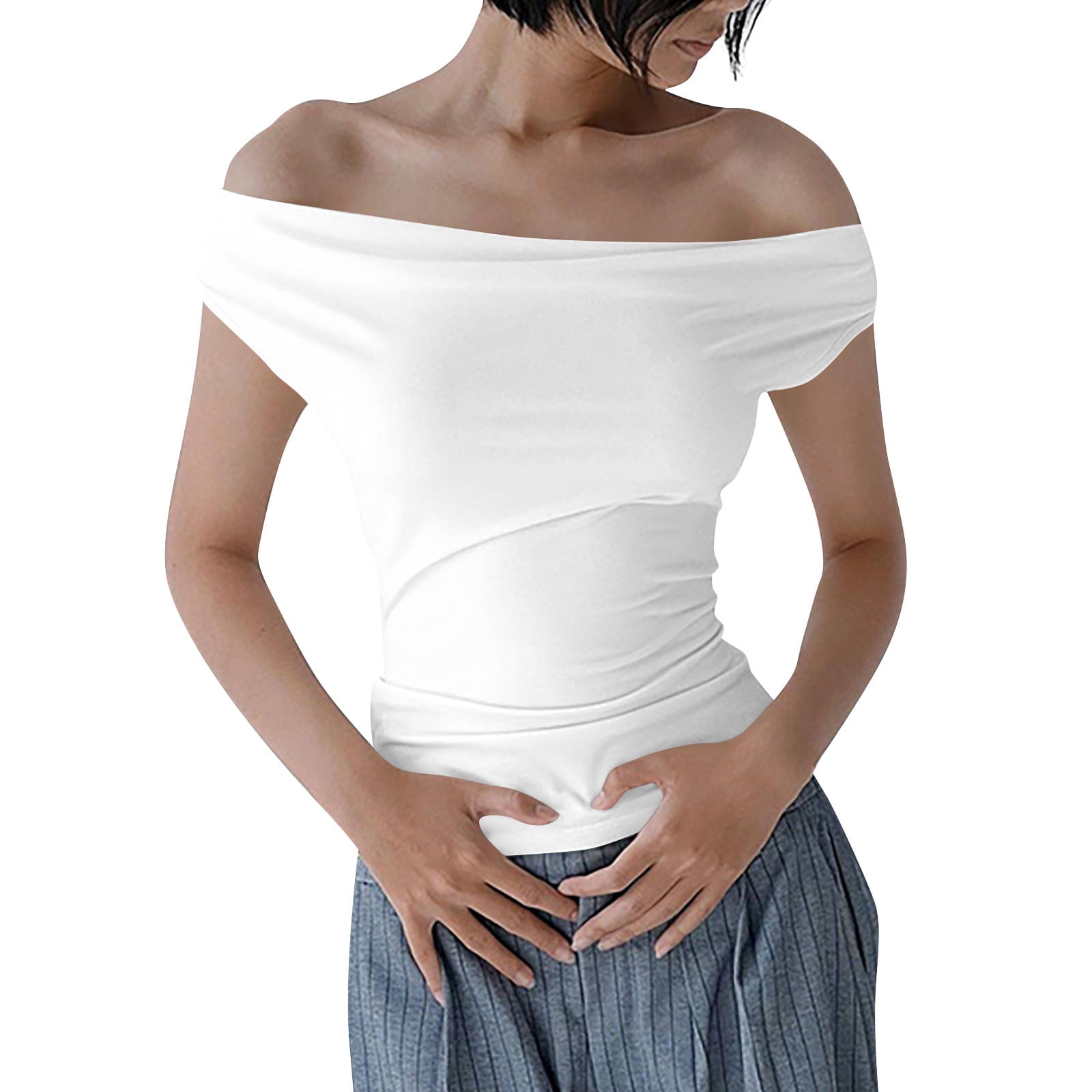 Verdusa Women's Striped Lace V-Neck Cropped Shirt - Y2K Drop Shoulder Half Sleeve Top