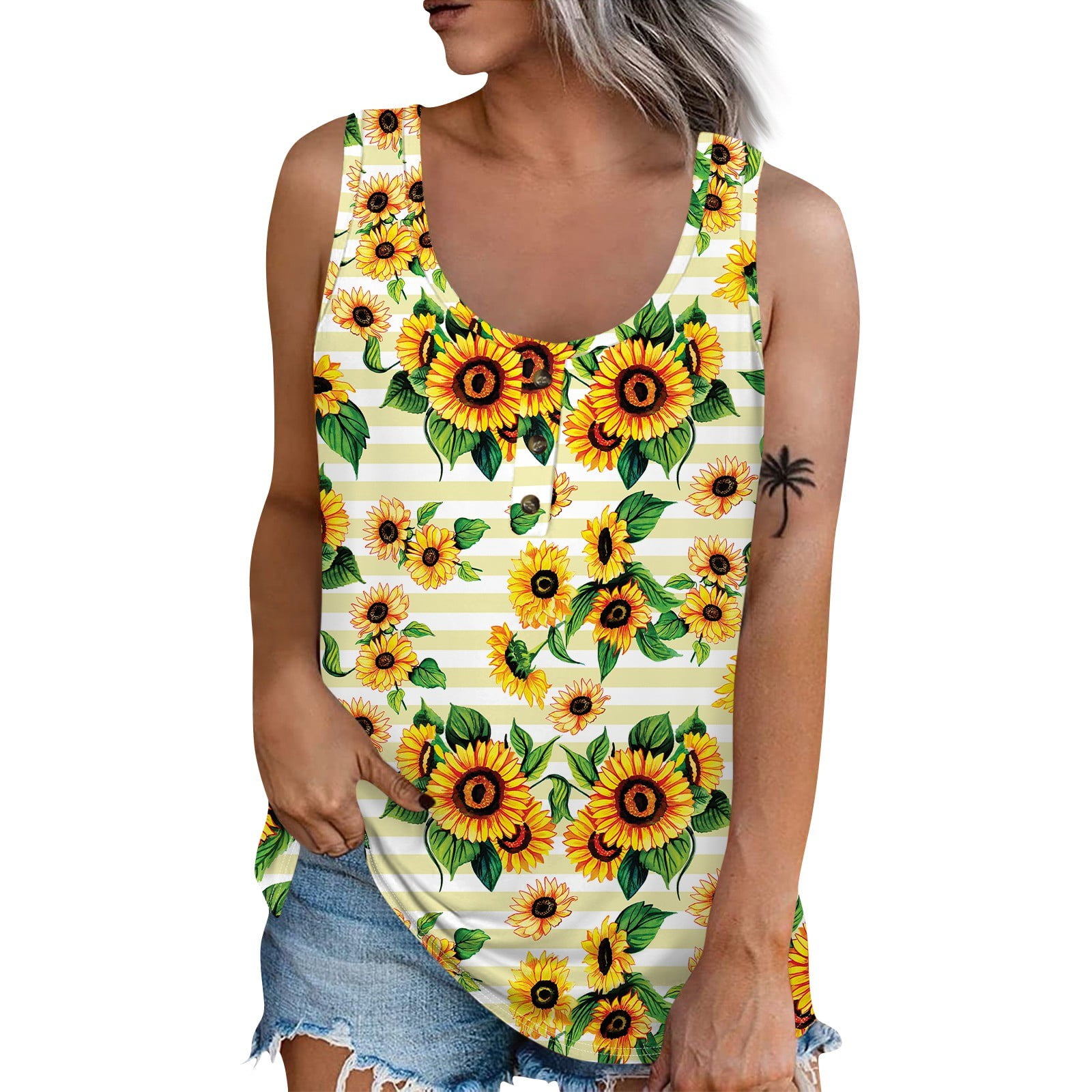 EHTMSAK Dressy Tank Tops For Women Plus Size Flowy Sleeveless Button Down Blouses Sunflower