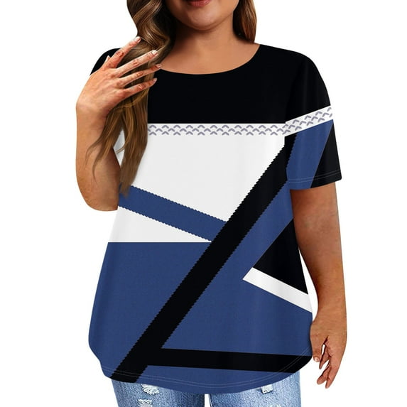 EHTMSAK Dressy Womens Tops Plus Size Solid Tee Shirts Clearance Crew Neck Ladies Short Sleeve Tops with Lower Sides Summer Womens Plus-Size Tops for Leggings Dark Blue 4X