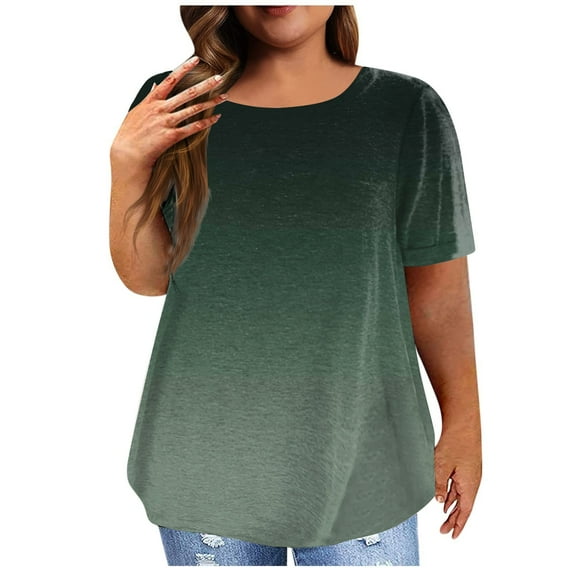 EHTMSAK Dressy Womens Tops Plus Size Solid Tee Shirts Clearance Crew Neck Ladies Short Sleeve Tops with Lower Sides Summer Womens Plus-Size Tops for Leggings Dark Green 4X