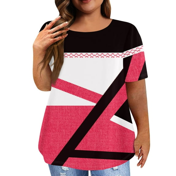 EHTMSAK Dressy Womens Tops Plus Size Solid Tee Shirts Clearance Crew Neck Ladies Short Sleeve Tops with Lower Sides Summer Womens Plus-Size Tops for Leggings Hot Pink L