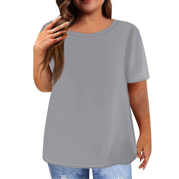 EHTMSAK Dressy Womens Tops Plus Size Solid Tee Shirts Clearance Crew Neck Ladies Short Sleeve Tops with Lower Sides Summer Womens Plus-Size Tops for Leggings Light Gray XL
