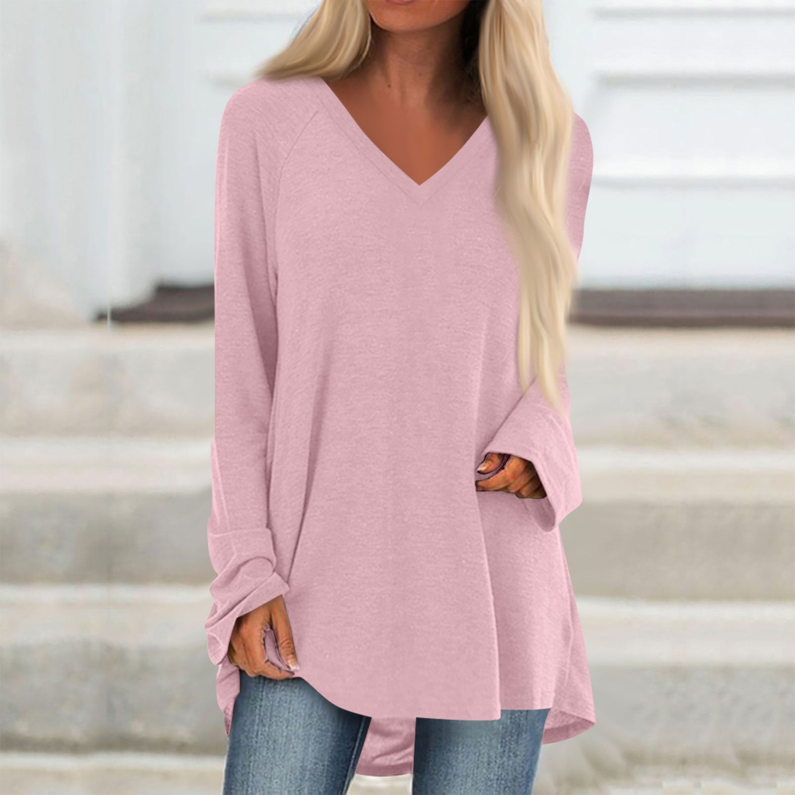 EHTMSAK Dropped Shoulder Sweatshirt Polo Collar Drop Shoulder Letter Graphic Pullover Solid Travel Clothes Women Long Sleeve Christmas Sweaters for Women Pink XXL Walmart