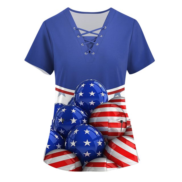 EHTMSAK Flag Fourth Of July Scrubs for Women Top and Bottom Set Independence Day with Pocket