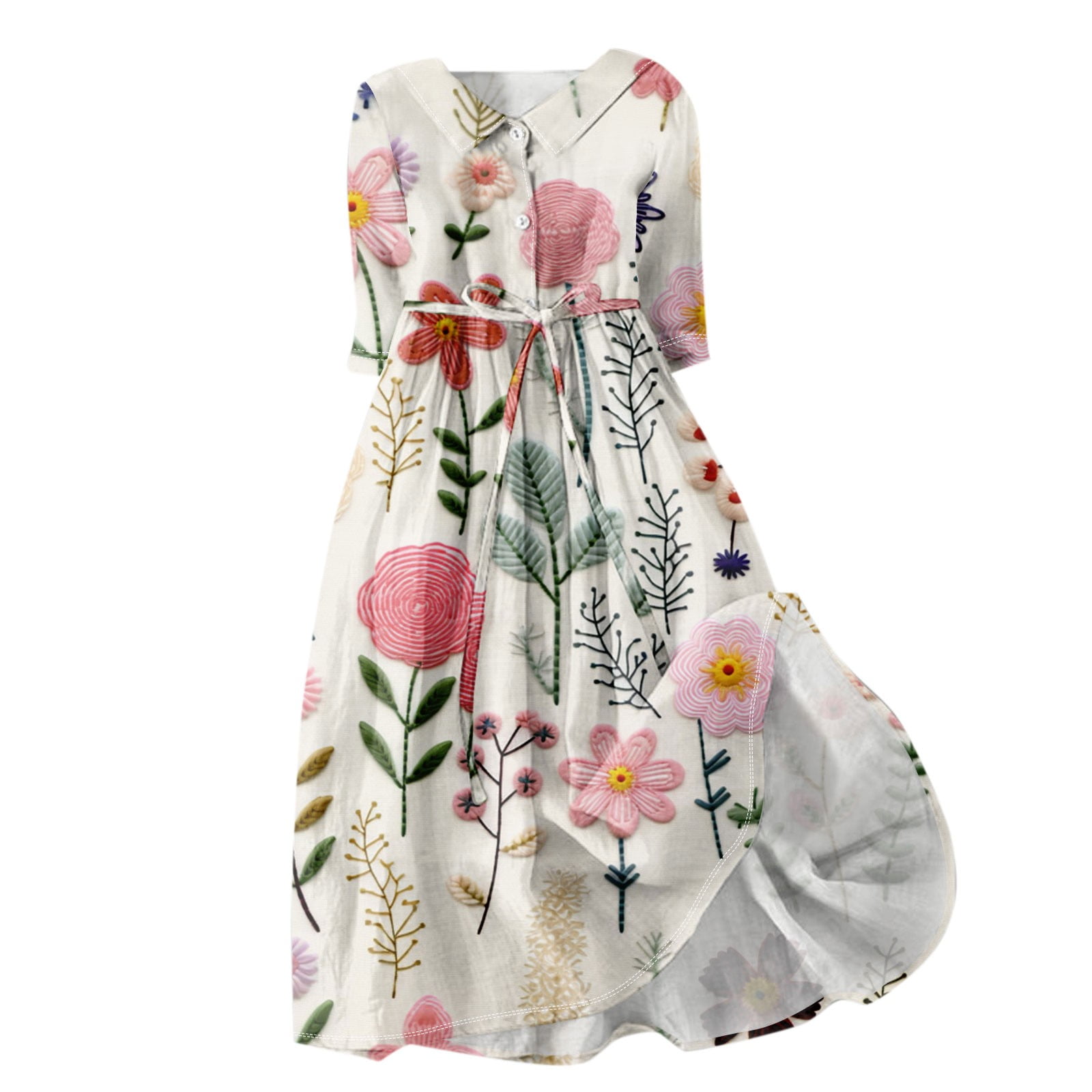 3/4 Sleeve Print Lapel Embroidery Vacation Dresses 3/4 Sleeve Print Lapel Embroidery Vacation Dresses