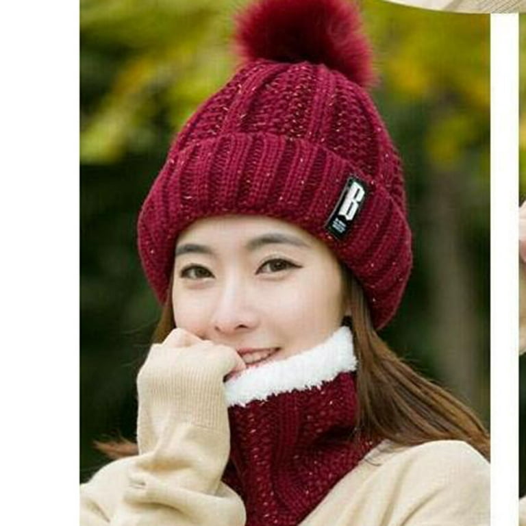 EHTMSAK Womens Beanies Pompom Hats for Adults Knitted with Scarf