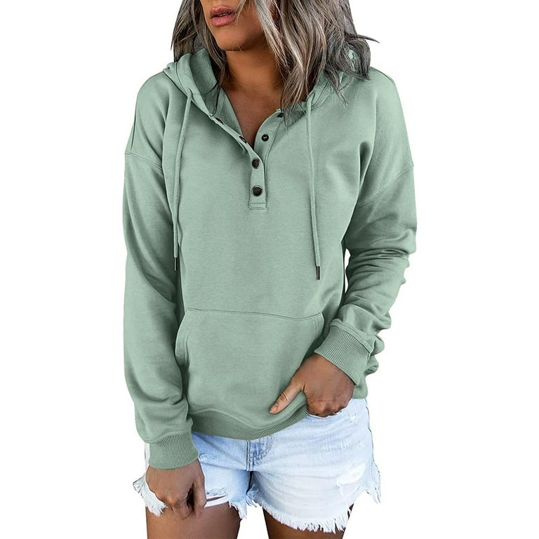 EHTMSAK Sweatshirts Hoodie Womens Fall Fashion 2023 Button Down Crew  Sweatshirts Cropped Y2k Retro Pullover Drawstring Solid Color Oversized  Sweater Trendy Women's Lightweight Jacket Mint Green M 