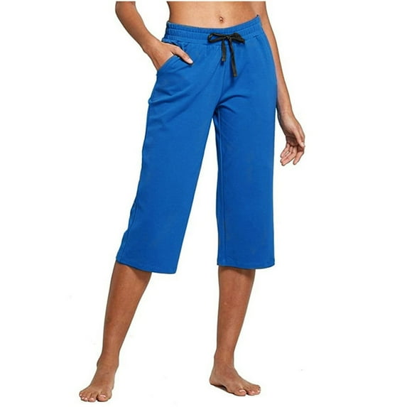 EHTMSAK Linen Wide Leg Pants Pull on Capris for Women Casual Summer Drawstring Pants High Waisted Loose Yoga Sweatpants Crop Pants with Pockets Blue 3X