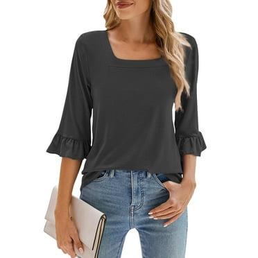 EHTMSAK Long Shirts for Women 3/4 Sleeve Lightweight Ruffle Color Block Blouses Square Neck Loose Summer Tunic Tops Gray S