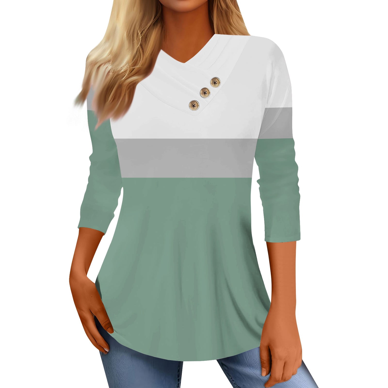 EHTMSAK Long T Shirts for Women 3/4 Sleeve Button Tie Dye Gradient V Neck Tee Tops 2024 Trendy