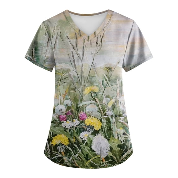 EHTMSAK Nurse Tops Scrubs for Women with Pocket Floral Working Uniform Short Sleeve V Neck Workwear Blouse T-Shirt with Pockets on Clearance Green XL
