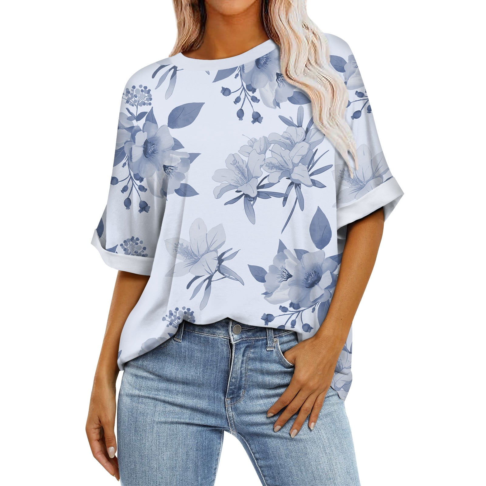 EHTMSAK Oversized T Shirts For Women Gym Crewneck Floral Short Sleeve