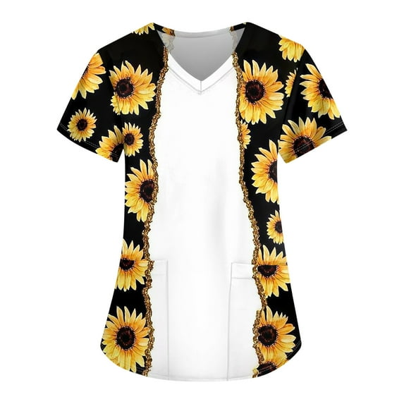 EHTMSAK Panda Scrubs Tops for Women with Characters Cartoon Short Sleeve Workwear Nurse Scrub Shirt Outfits V Neck Nursing Uniform Trendy Scrub Tops with Pocket Casual Going Out Shirt White 5XL