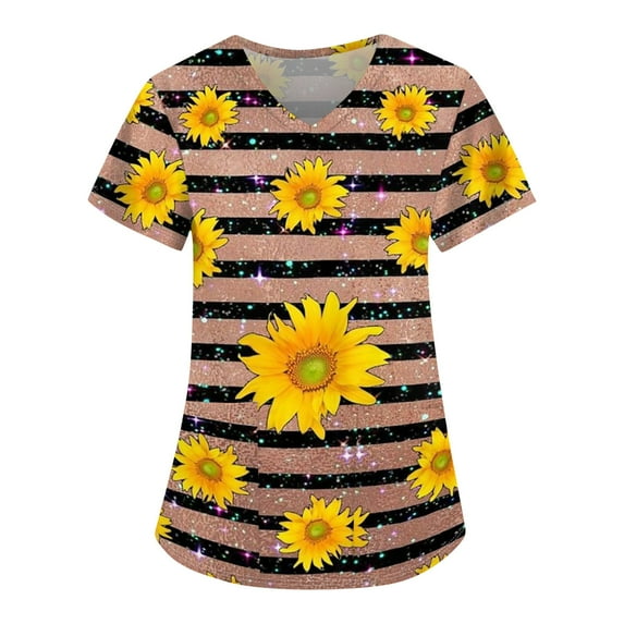 EHTMSAK Panda Scrubs Tops for Women with Characters Cartoon Short Sleeve Workwear Nurse Scrub Shirt Outfits V Neck Nursing Uniform Trendy Scrub Tops with Pocket Casual Going Out Shirt Light Brown 5XL