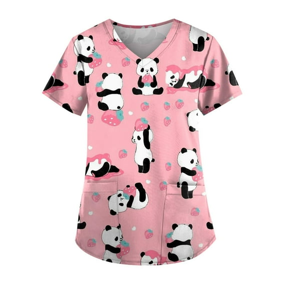 EHTMSAK Panda Scrubs Women Cartoon Short Sleeve Workwear V Neck Scrub Tops Going Out with Pocket Trendy Casual Scrub Shirt Nursing Uniform Nurse Cute Shirt Pink XL
