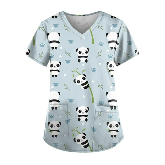 EHTMSAK Petite Panda Scrubs for Women Sets Cartoon Nursing Uniform Workwear with Pocket Shirt Cute V Neck Nurse Short Sleeve Scrub Tops Trendy Casual Fashion Scrub Shirt Light Blue XL