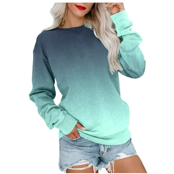 EHTMSAK Plain Crewneck Sweatshirts Pullover Long Sleeve Dress Gradient Womens Blouses Long Sleeve Clearance Fitted Hoodies Cyan 3X
