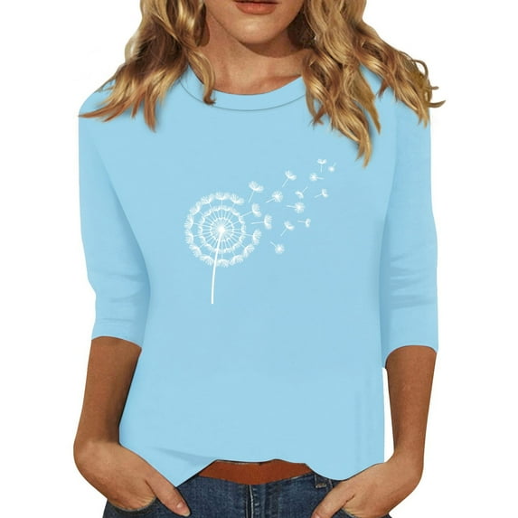 EHTMSAK Plus Size Tee Shirts for Women 3/4 Sleeve Elbow Length Dandelion Printed Solid Color Crewneck Shirts Fashion Summer Blouses Casual Loose Fit Plus Size Tee Tops Light Blue M