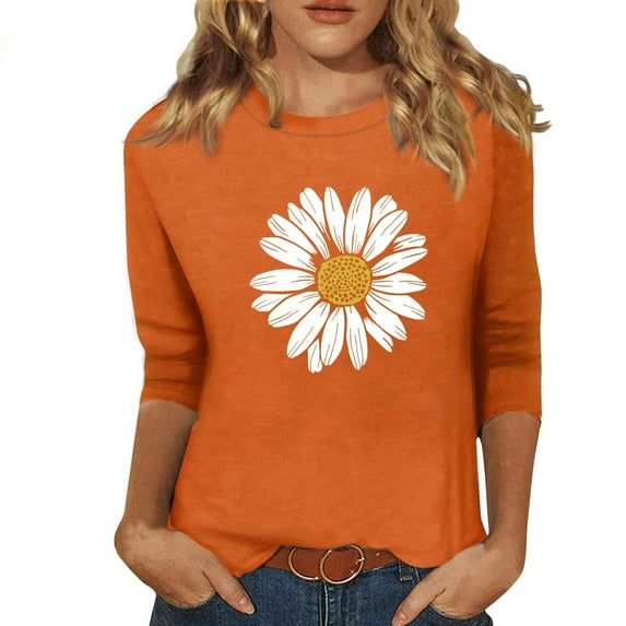 EHTMSAK Plus Size Tee Shirts for Women 3/4 Sleeve Elbow Length Sunflower Printed Solid Color Round Neck Shirts Loose Fit Plus Size Blouses 2024 Trendy Fashion Casual Tee Tops Saffron 2XL