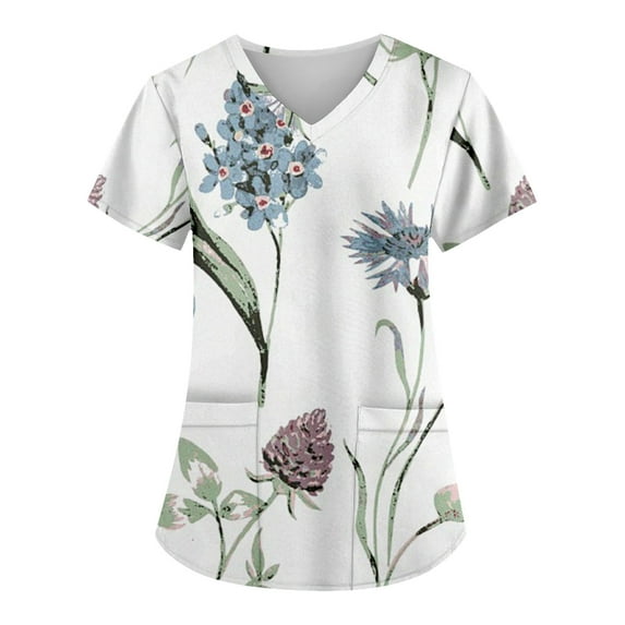 EHTMSAK Plus Size Tops for Women Women Scrubs Top with Pocket Floral Nurses Uniform Workwear Tunic Casual Short Sleeve V-Neck Clinic Blouse Carer Top on Clearance White S