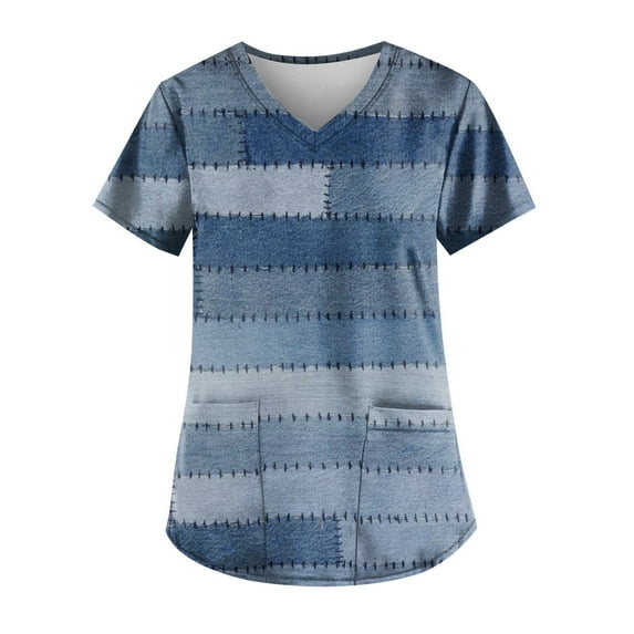 EHTMSAK Plus Size Womens Denim Print Scrubs Sets Color Block Trendy Workwear Nurse Shirt Going Out V Neck with Pocket Casual Scrub Tops Short Sleeve Nursing Uniform Fashion Scrub Shirt Dark Blue 5XL