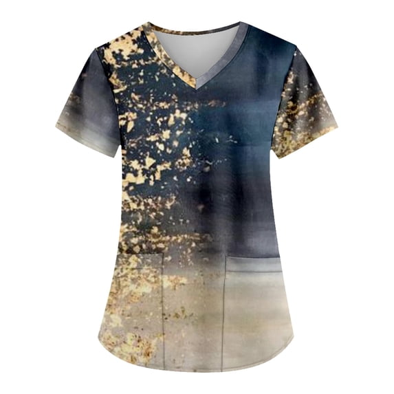 EHTMSAK Print Scrubs for Women Tops, with Pocket Floral Short Sleeve Nurse Uniform V Neck Tunic Pockets T Shirt Blouse Dark Blue L