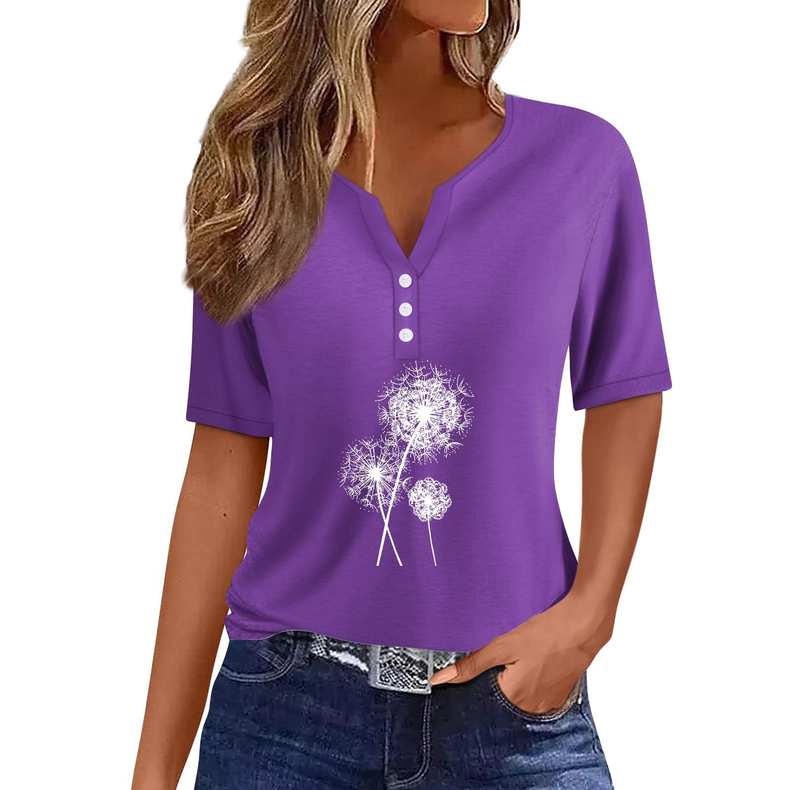 EHTMSAK Purple Shirts for Women Short Sleeve Solid Color Dandelion ...