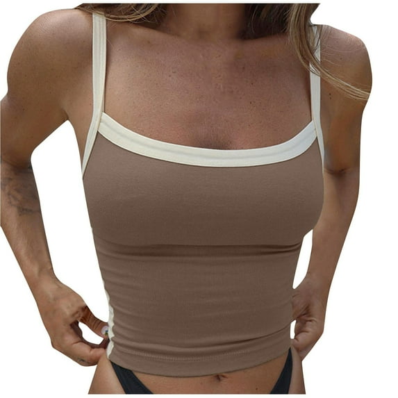 EHTMSAK Satin Crop Tank Tops for Women Square Neck Spaghetti Straps Swim Y2k T Shirt Teen Girl Junior Sleeveless Racerback Casual Camisole Camis Flowy Fashion Tank Top Khaki M