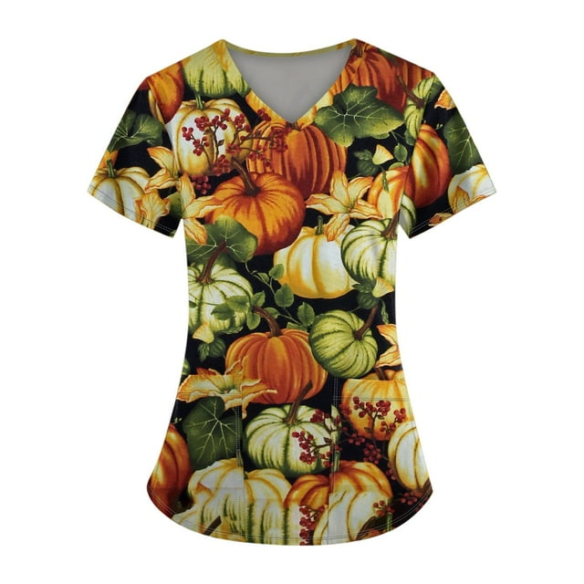 EHTMSAK Scrub Halloween Tops for Women Plus Size Graphic Short Sleeve