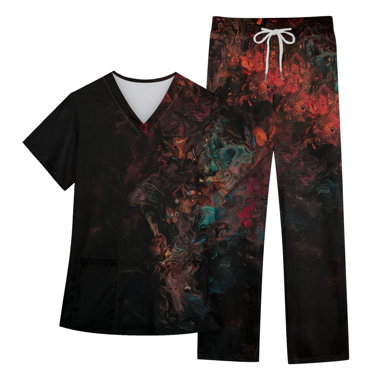 EHTMSAK Scrubs Sets For Women 2 Piece Tie Dye Nursing Uniform Petite