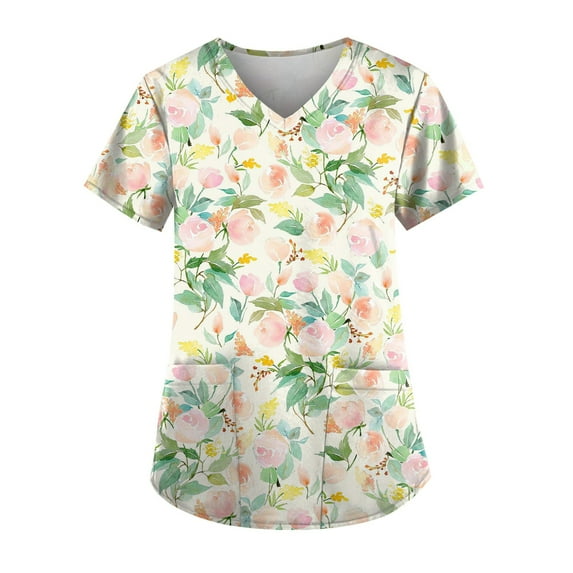 EHTMSAK Scrubs Tops 3xi Clearance Floral with Pocket Womens Clearance Scrub Tops Short Sleeve Working Uniform Blouse Shirt Beige L