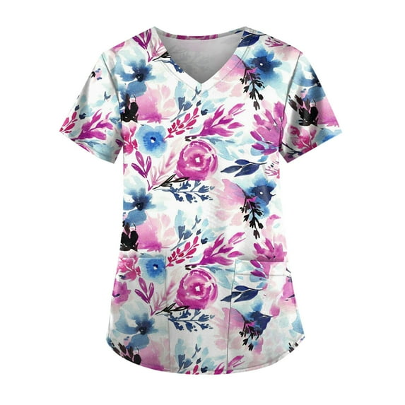 EHTMSAK Scrubs Tops 3xi Clearance Floral with Pocket Womens Clearance Scrub Tops Short Sleeve Working Uniform Blouse Shirt Hot Pink 2X