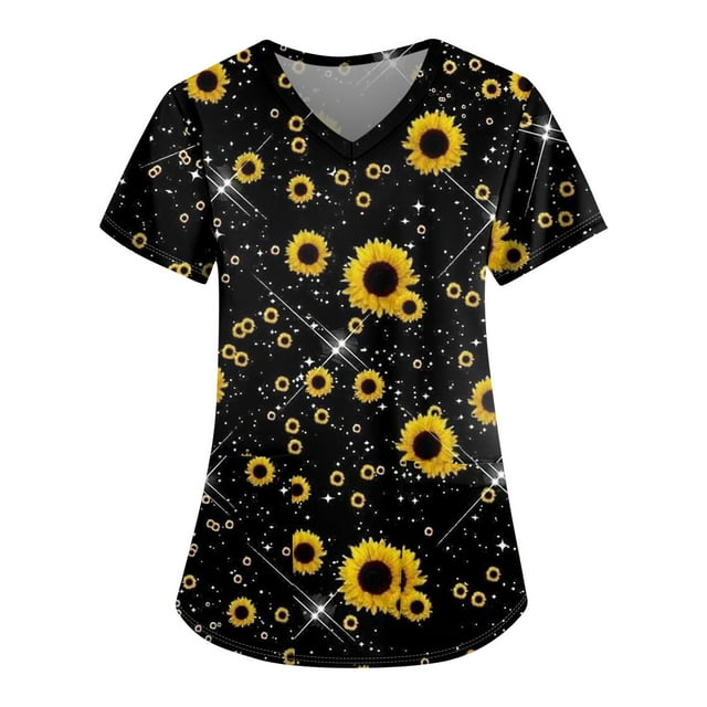 EHTMSAK Scrubs Tops 3xi Clearance Floral with Pocket Womens Clearance Scrub Tops Short Sleeve Working Uniform Blouse Shirt Yellow 3X