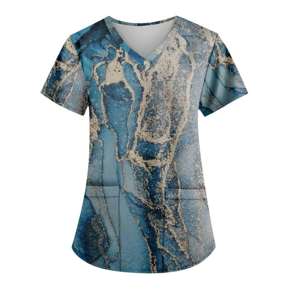EHTMSAK Scrubs Tops Women 1xl Floral with Pocket Womens Top with Pockets Floral Patchwork Printed Short Sleeve V-Neck Blouse Blue 2X