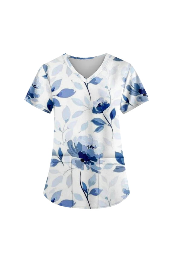Scrubs Tops Women 2xi with Pocket Floral Short Sleeve Nurse Uniform V Neck Tunic Pockets T Shirt Blouse Blue 4X