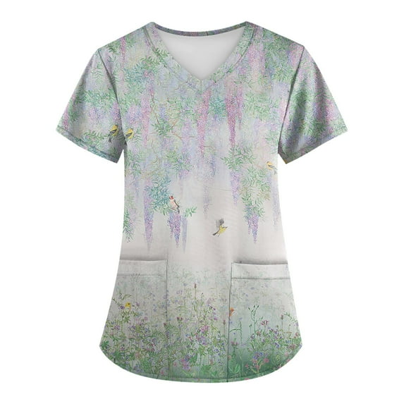 EHTMSAK Scrubs Tops for Women with Pockets with Pocket Floral Nurses Uniform Workwear Tunic Casual Short Sleeve V-Neck Clinic Blouse Carer Top on Clearance Multicolor 2X