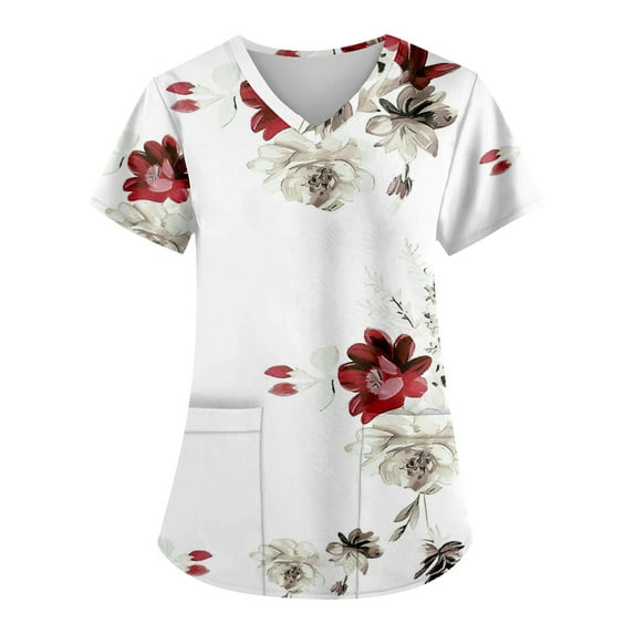 EHTMSAK Scrubs Tops Women Stretchy with Pocket Floral V Neck Women Stretch Top Printing Top Red L