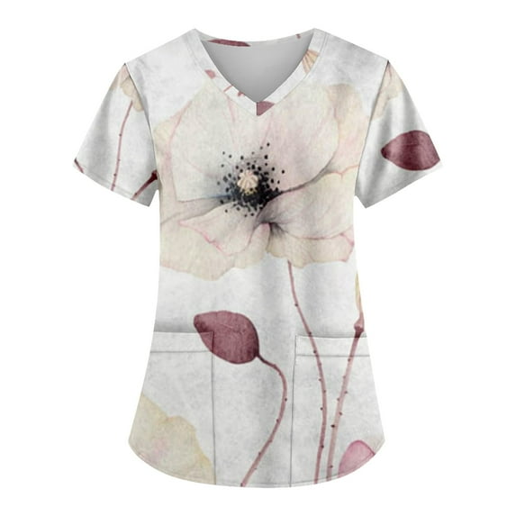 EHTMSAK Scrubs Tops for Womens Xi Floral with Pocket Summer Nurse Short Sleeve V Neck Workwear Print Working Uniform Blouse Medical Scrubs with Pockets on Clearance White 3X