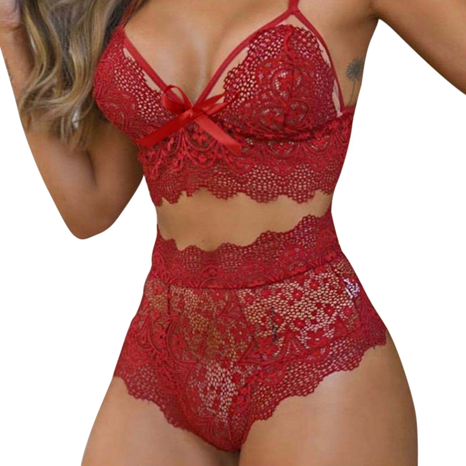 Plus Size Lingerie Set for Women， Sexy Cross Strappy Lace Up Bra