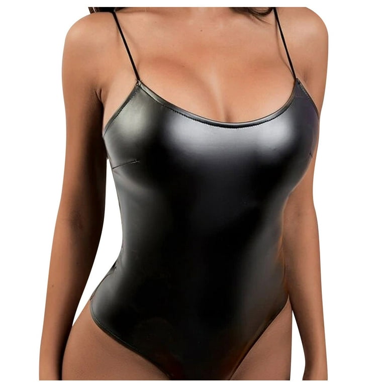 EHTMSAK Sexy Lingerie for Women Thong Bodydoll Leather Tummy Control  Bodysuit Black XL